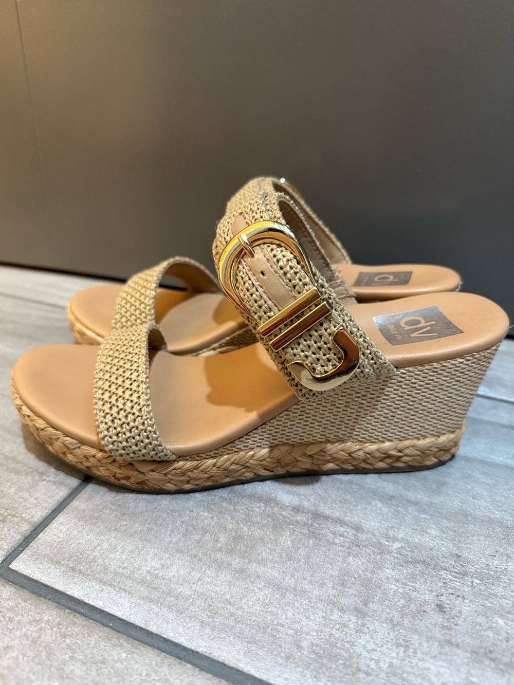 DV by Dolce Vita Elena Tan Woven Espadrille Wedge Sandals with Gold Buckle